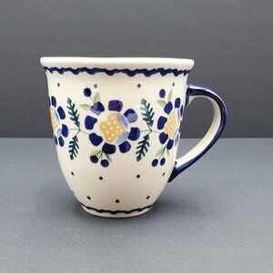 Polish Pottery Sunflower Mug Blue Flowers & Dots Breakfast Mug